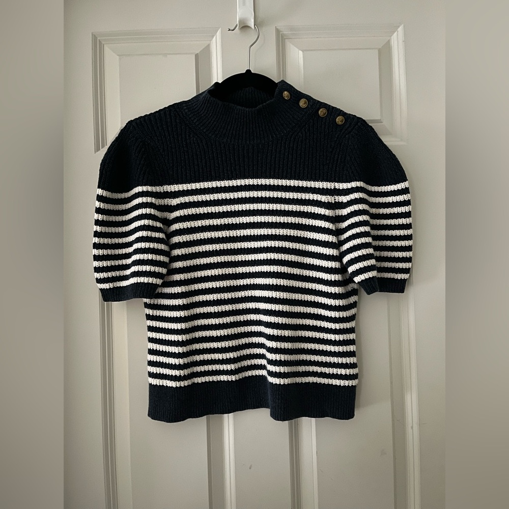 ANTHROPOLOGIE Maeve Puff-Sleeved Sweater Sailor Stripe Navy Blue & White S